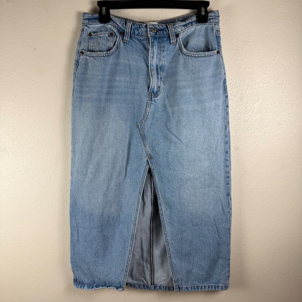 Abercrombie & Fitch High Rise Denim Midi Skirt Light Wash‎ Front Slit Size 29 8